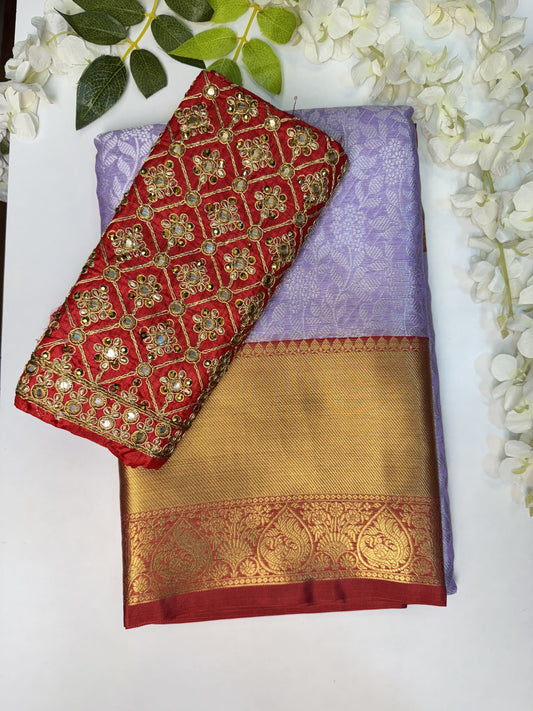 Lavendar with Red Semi Kathan Saree with Work Blouse Combo
