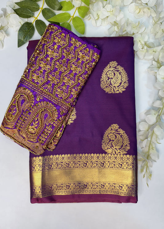Purple Soft Silk Saree with Work Blouse Combo