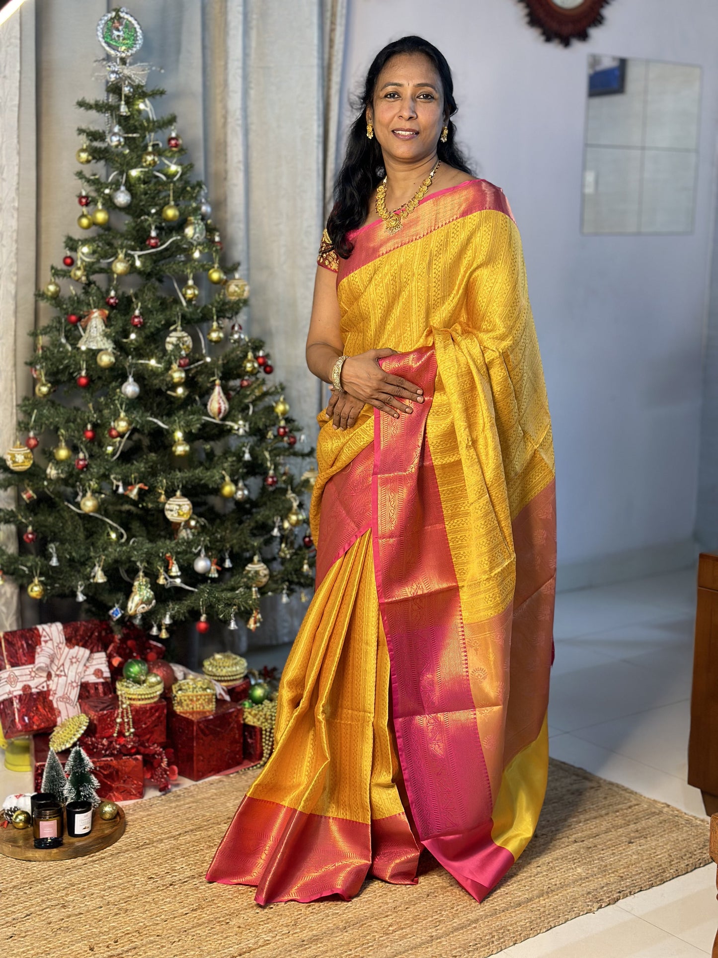 Yellow Pink Semi Kathan Silk Saree