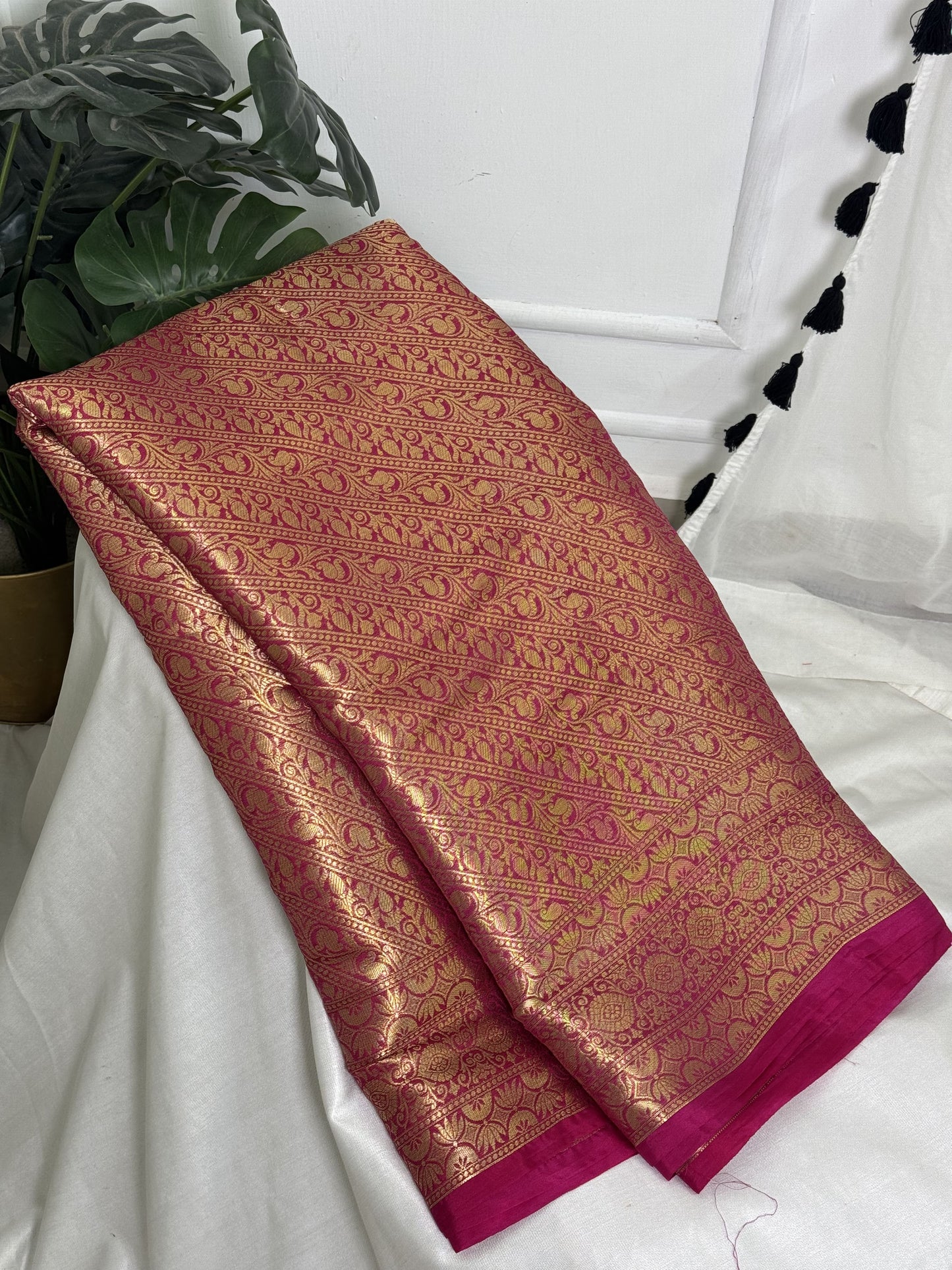 Pink Banarasi Saree With Work Blouse Combo