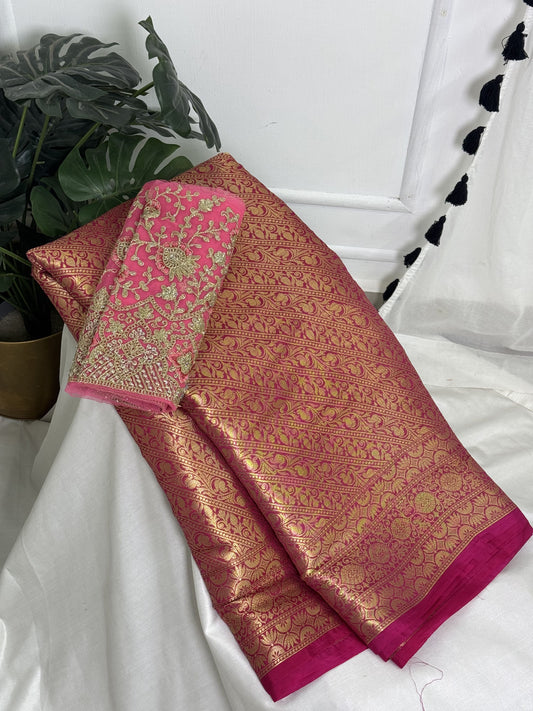 Pink Banarasi Saree With Work Blouse Combo