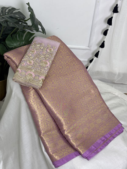 Light Lavender Banarasi Saree With Work Blouse Combo