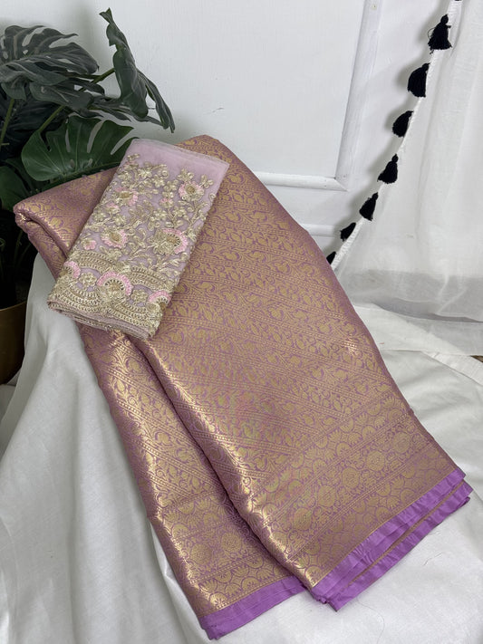 Light Lavender Banarasi Saree With Work Blouse Combo