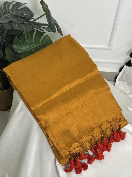 Golden Copper Plain Tissue Saree