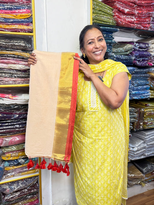 Sandal with Red Pure Mul Cotton Saree