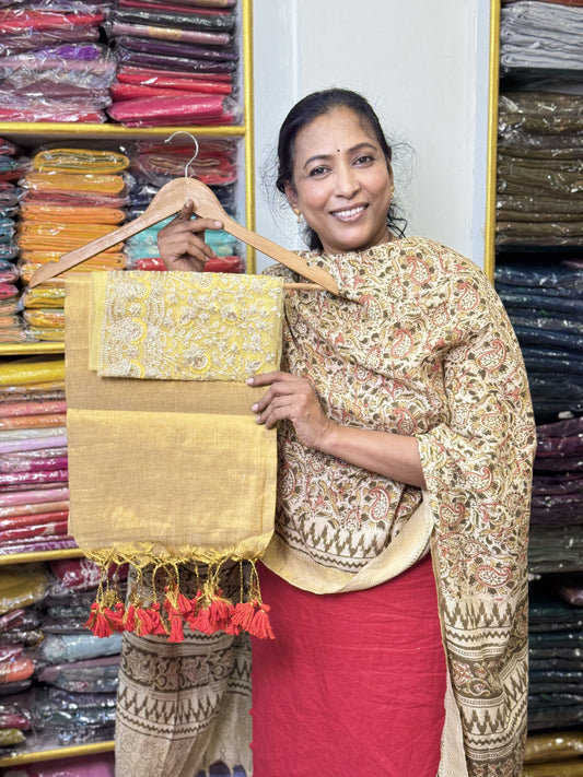 Gold Plain Tissue Saree with Work Blouse Combo