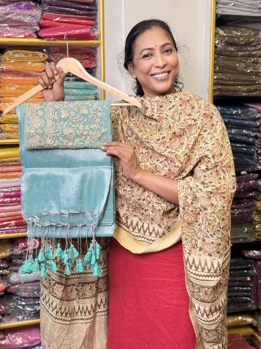 Silver Sea Foam Plain Tissue Saree with Work Blouse Combo