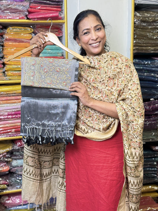 Silver Grey Plain Tissue Saree with Work Blouse Combo