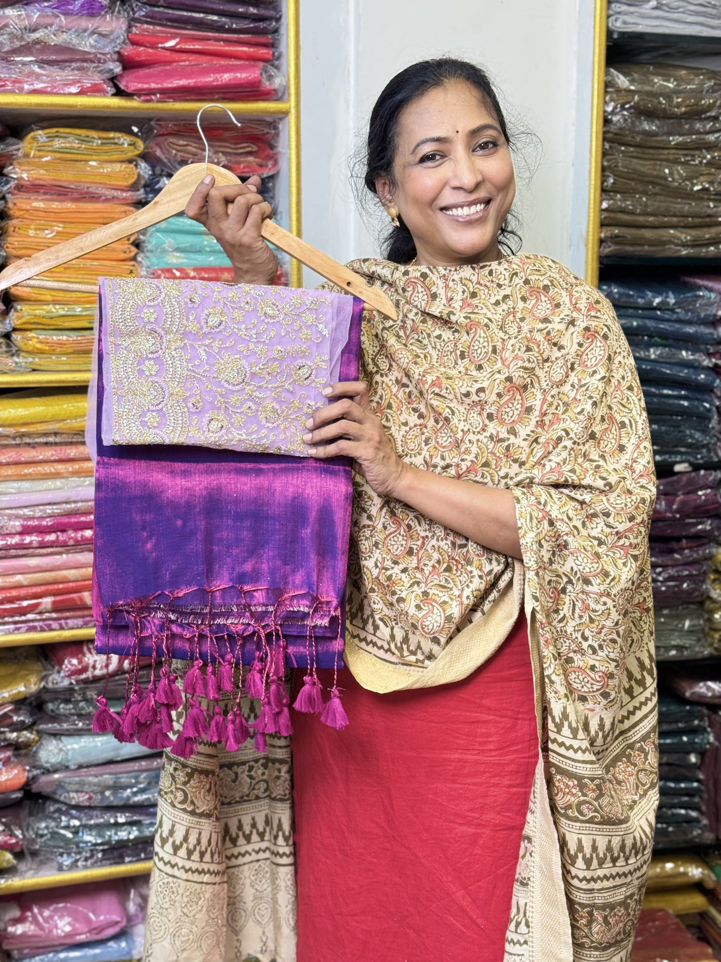 Purple Plain Tissue Saree with Work Blouse Combo