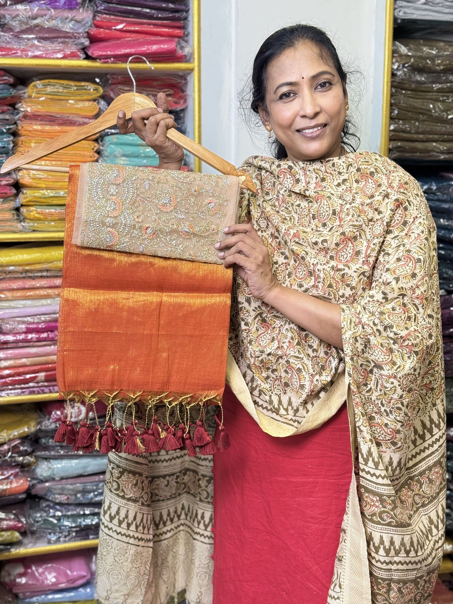 Orange Plain Tissue Saree with Work Blouse Combo