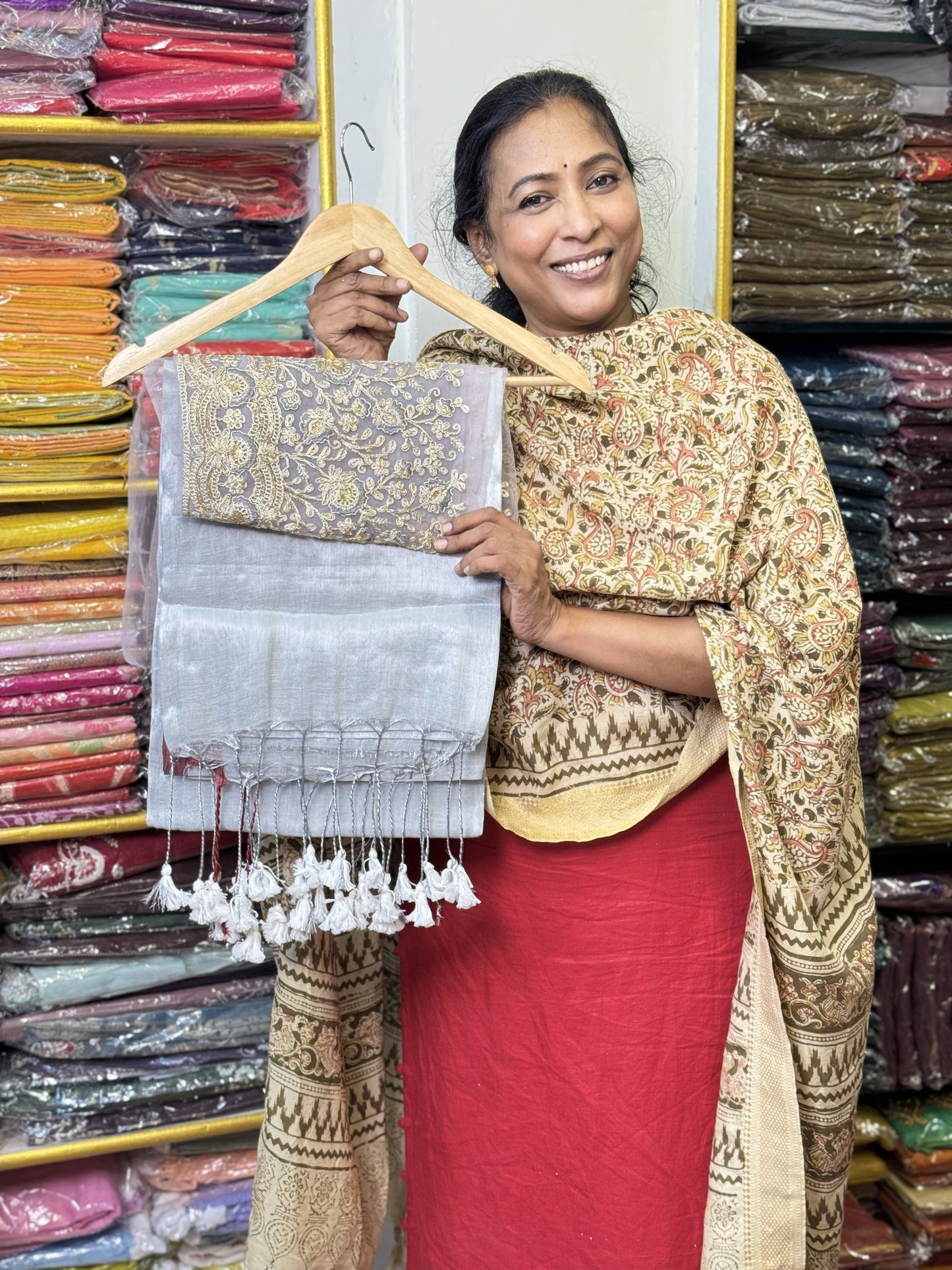 Silver Plain Tissue Saree with Work Blouse Combo