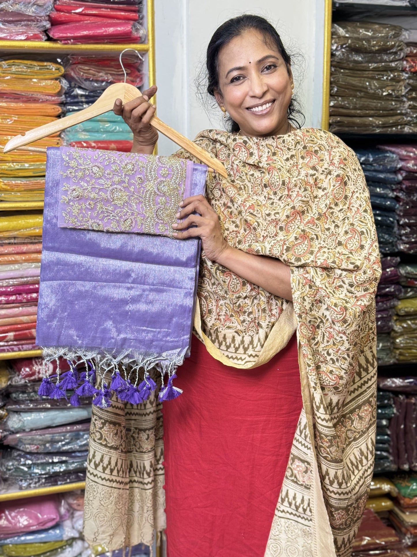 Lavendar Plain Tissue Saree with Work Blouse Combo