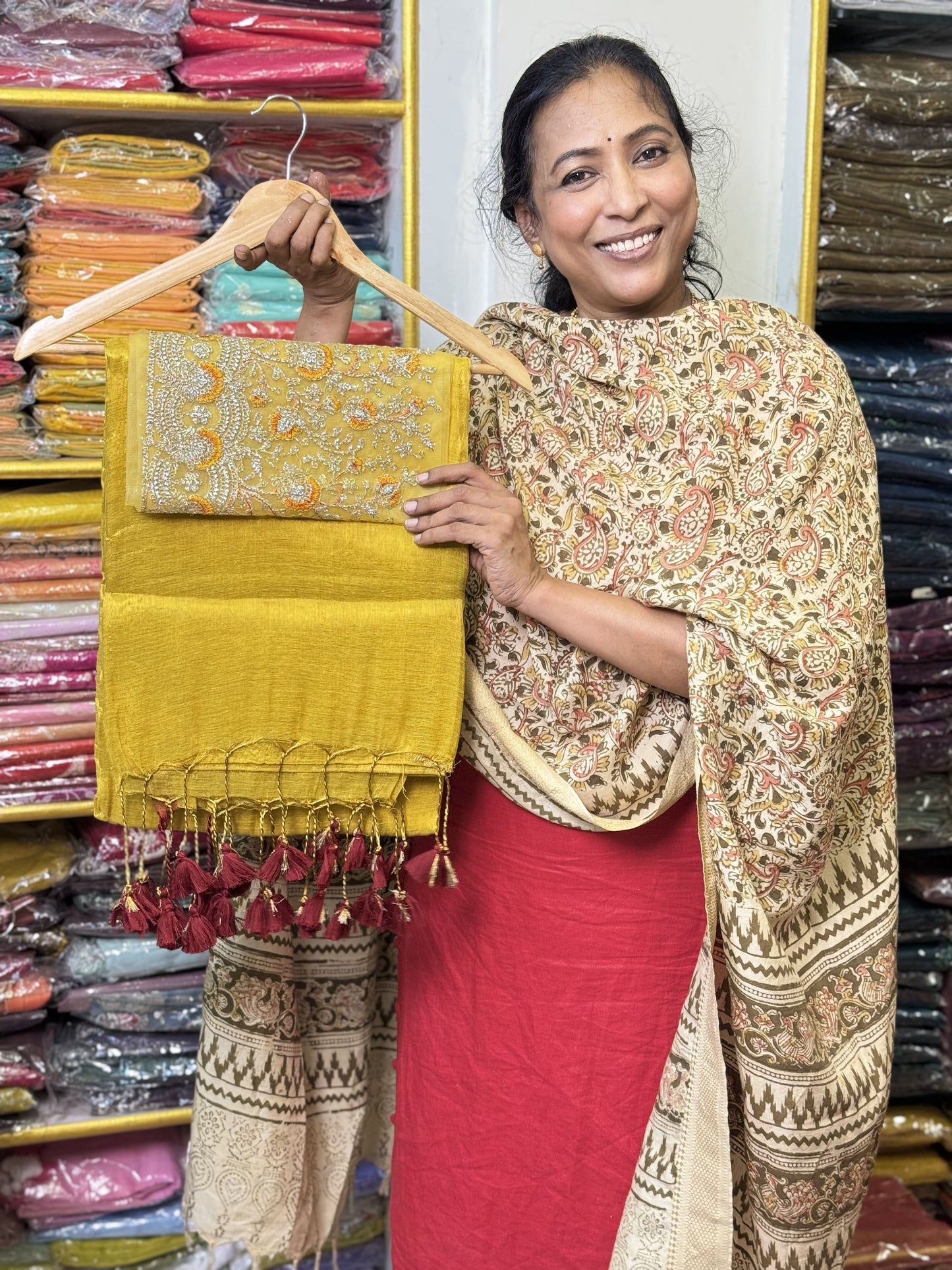 Yellow Plain Tissue Saree with Work Blouse Combo
