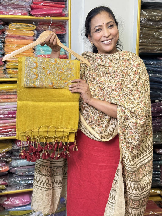 Yellow Plain Tissue Saree with Work Blouse Combo
