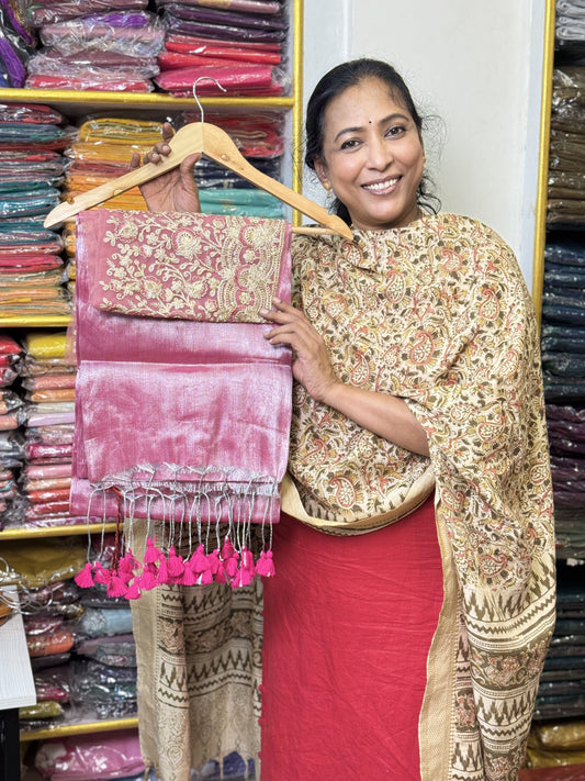 Silver Pink Plain Tissue Saree with Work Blouse Combo