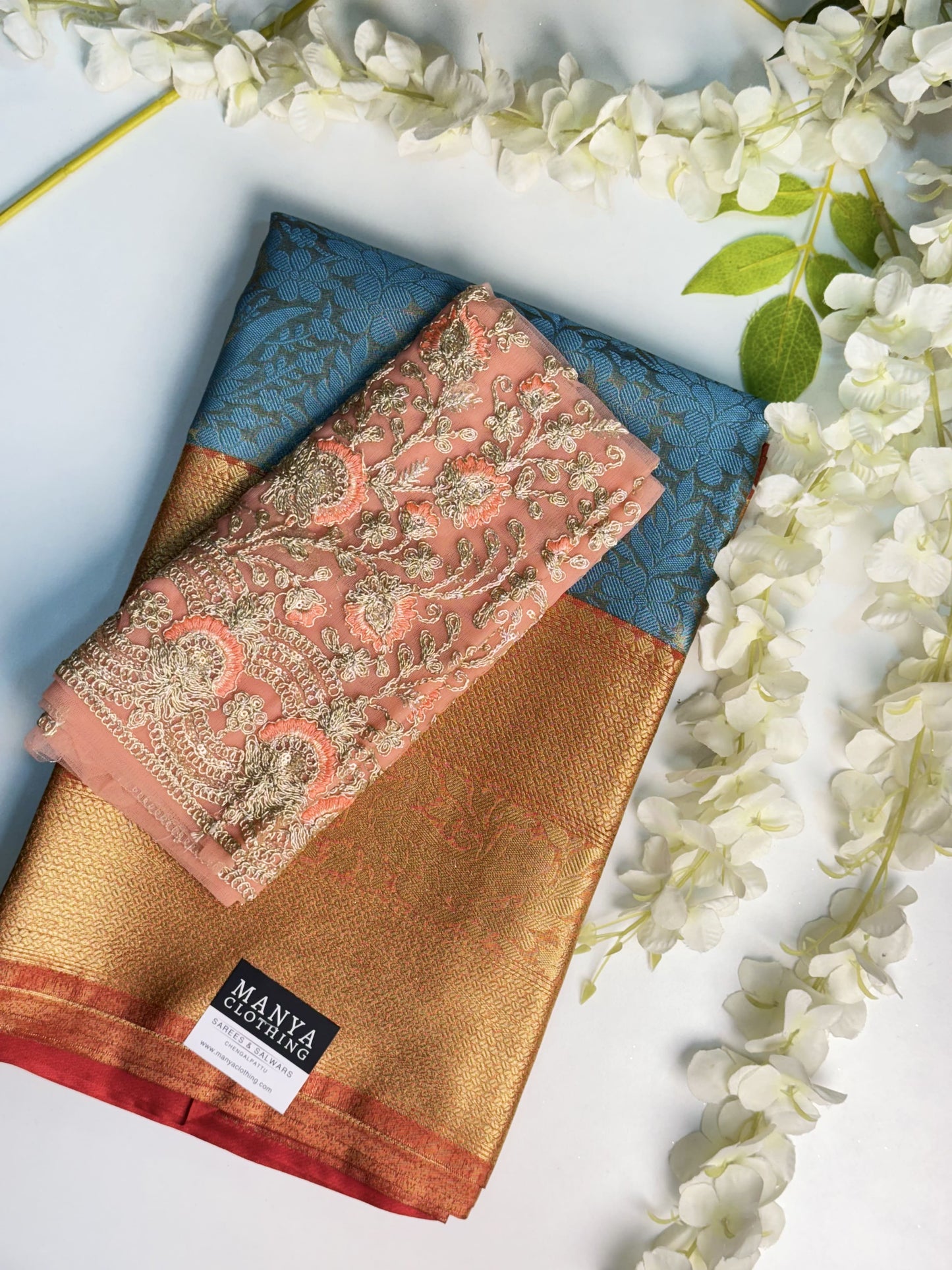 Blue Semi Kathan Saree with Work blouse combo