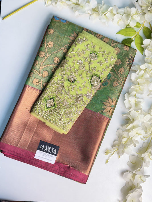 Green Semi Kathan Saree with Work blouse combo