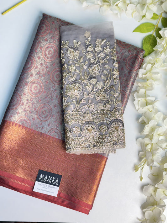 Grey Semi Kathan Saree with Work blouse combo