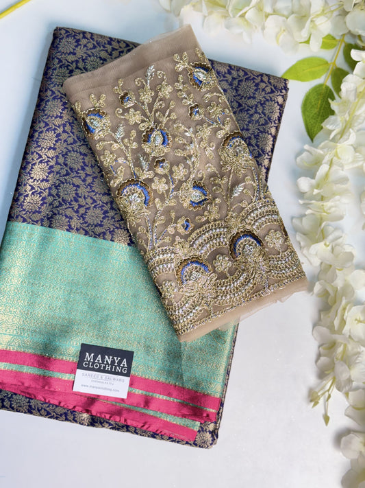 Navy Blue Semi Kathan Saree with Work blouse combo