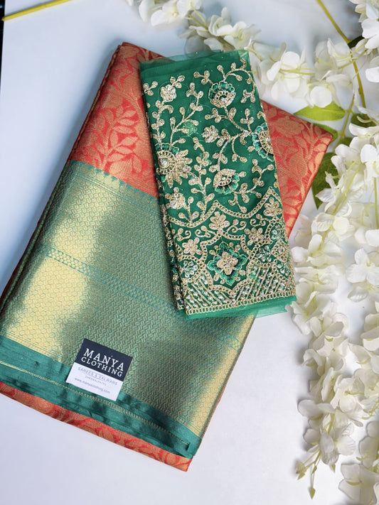 Red with Green Semi Kathan Saree with Work blouse combo