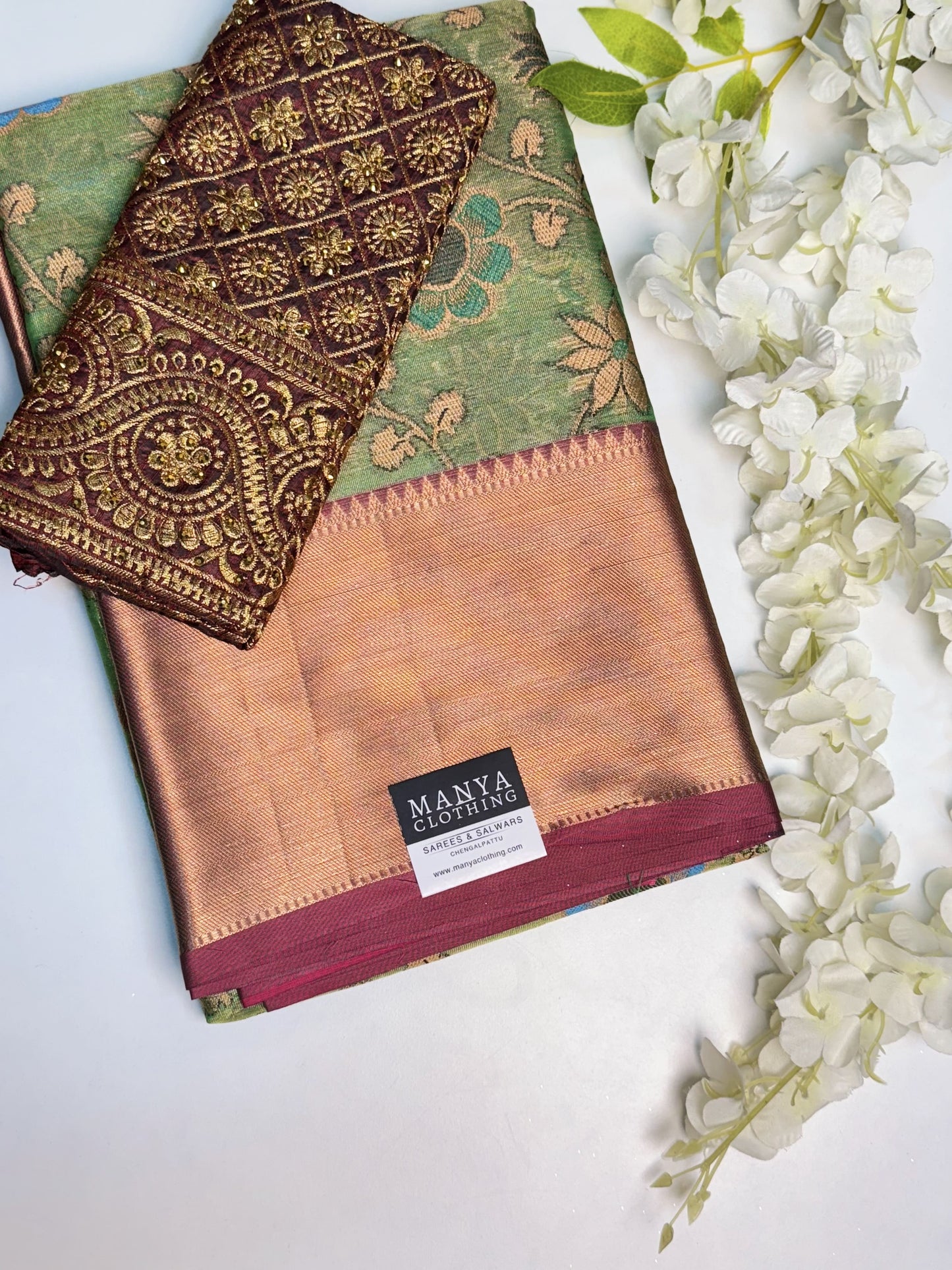 Green Semi Kathan Saree with Work blouse combo