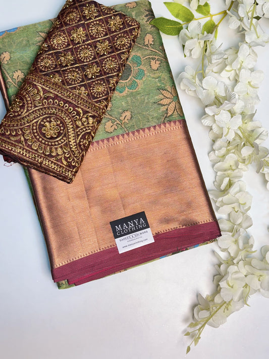 Green Semi Kathan Saree with Work blouse combo