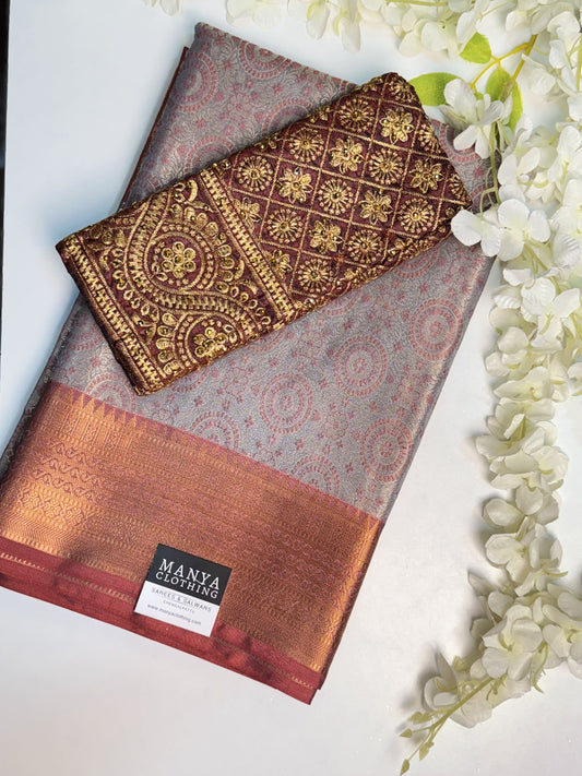 Silver-Grey Semi Kathan Saree with Work blouse combo