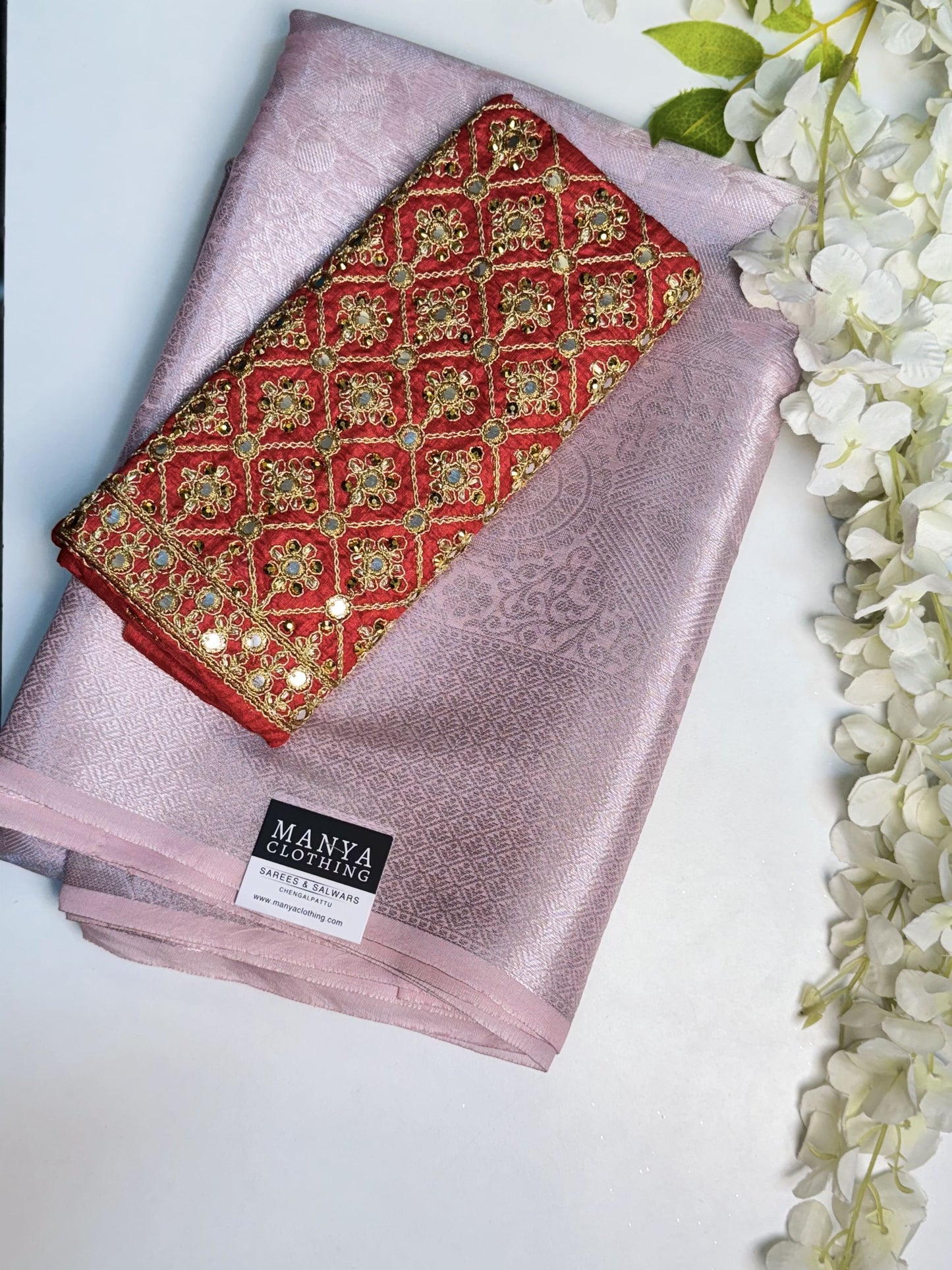 Pink Semi Kathan Saree with Work blouse combo