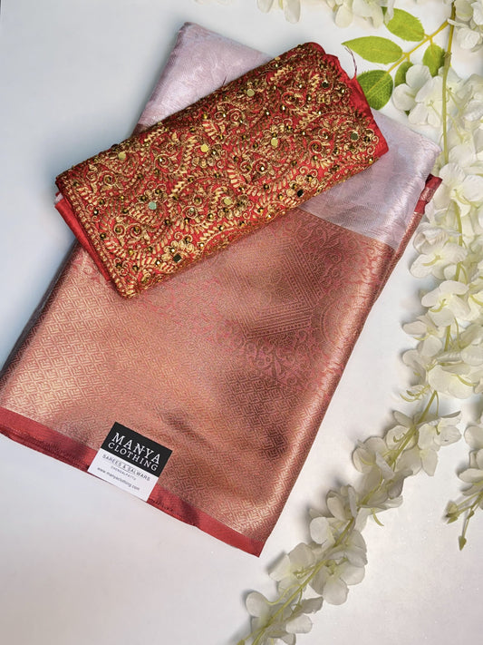Light Pink Semi Kathan Saree with Work blouse combo
