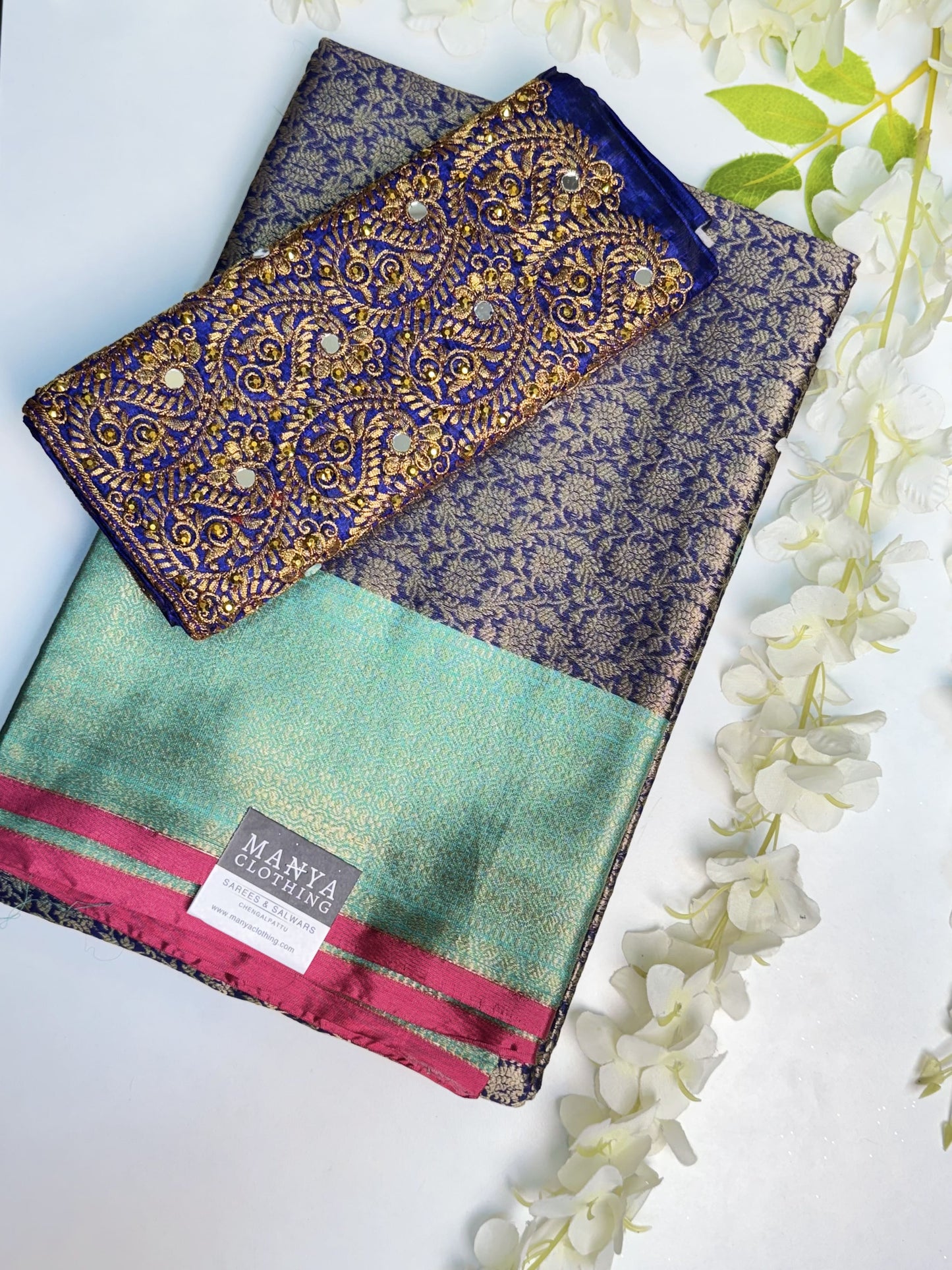 Navy Blue Semi Kathan Saree with Work blouse combo