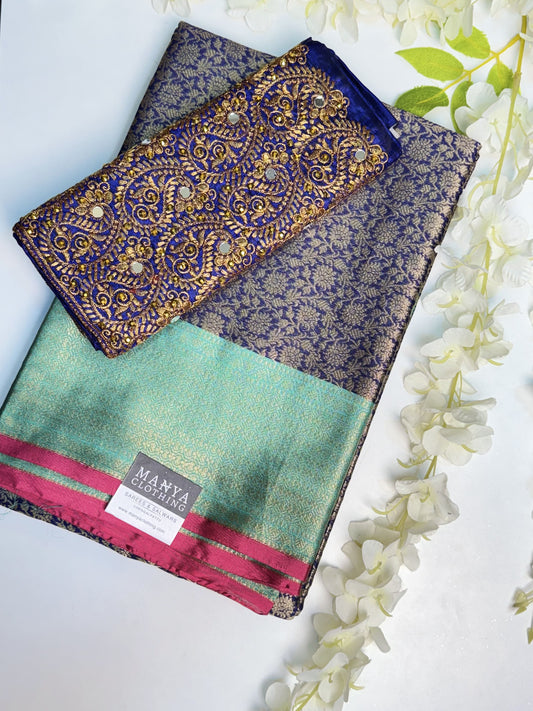 Navy Blue Semi Kathan Saree with Work blouse combo