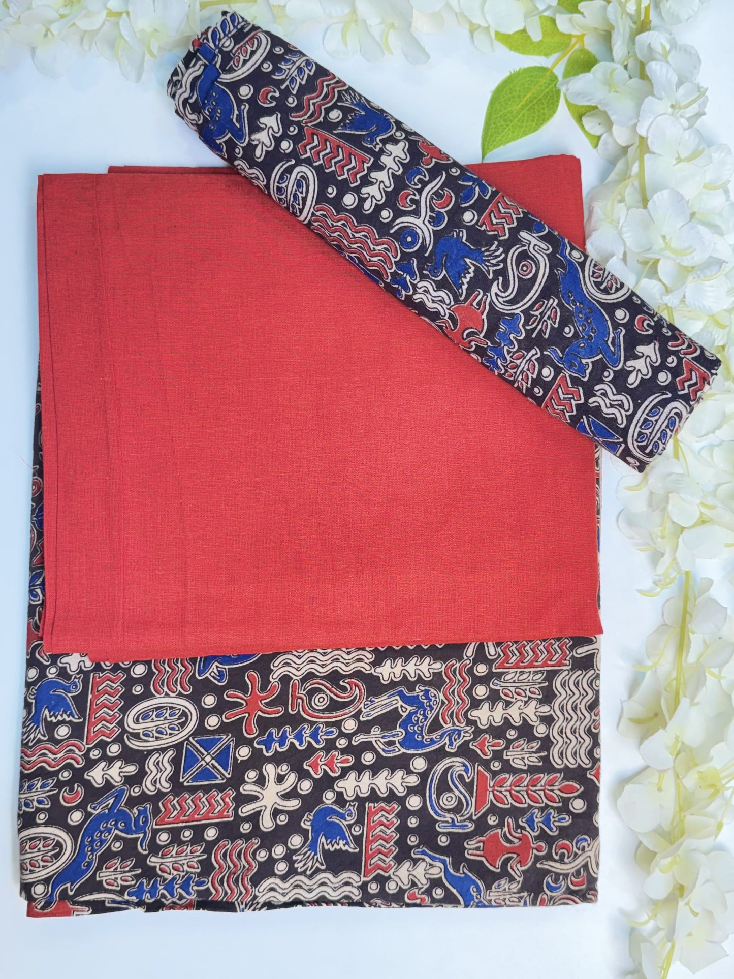 Red Kalamkari Pure Cotton Unstitched Salwar Material