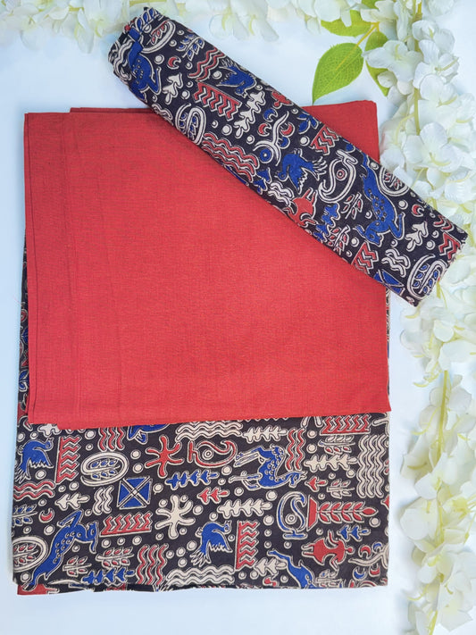 Red Kalamkari Pure Cotton Unstitched Salwar Material