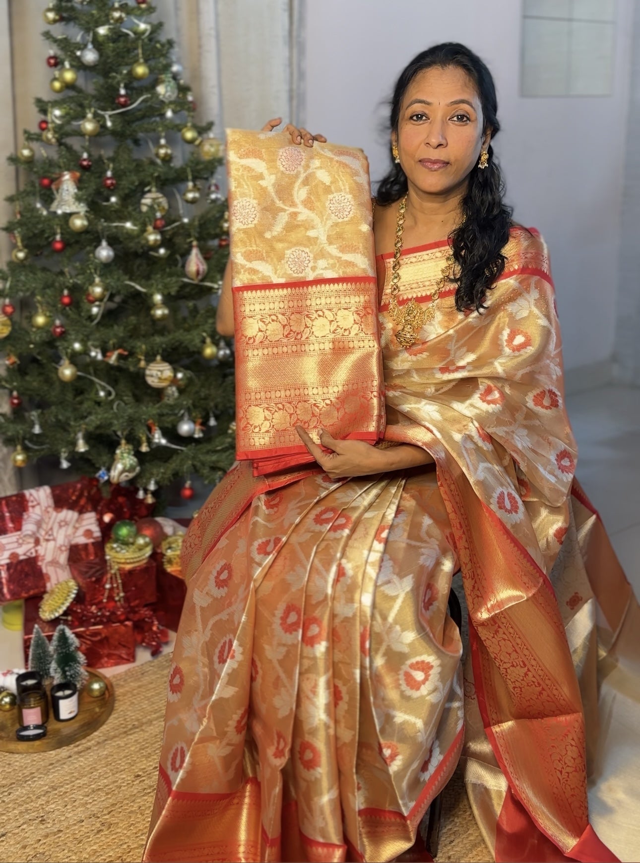 Rust Red Tissue Saree with Work Blouse Combo