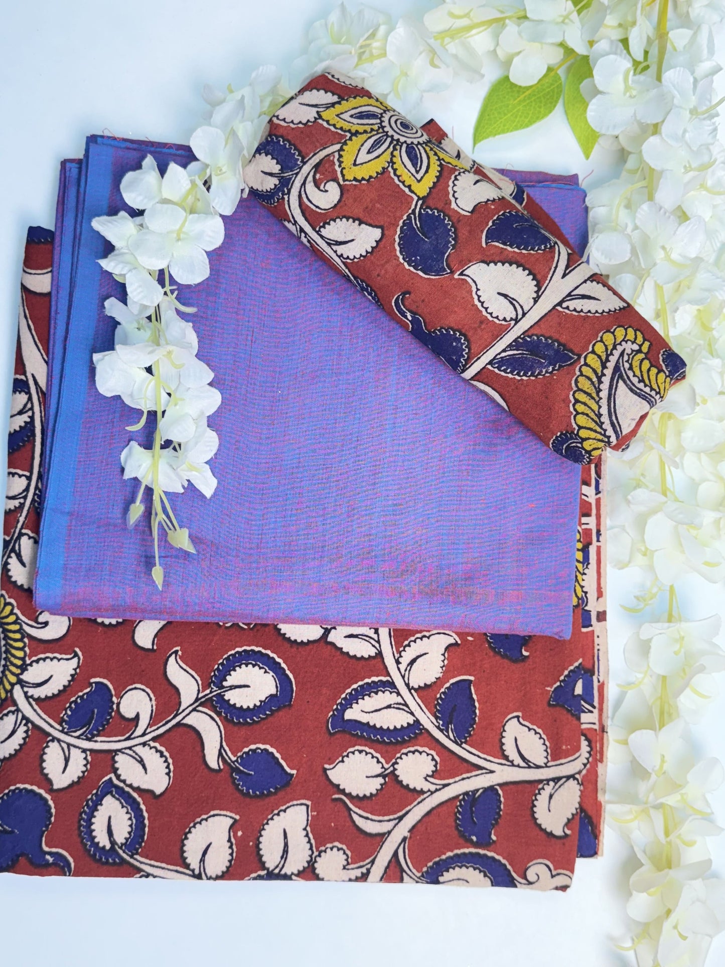 Bluish-Red Kalamkari Pure Cotton Unstitched Salwar Material