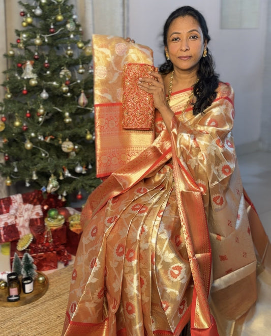 Rust Red Tissue Saree with Work Blouse Combo