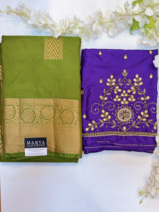 Mehendi Green Semi Silk Saree with Hand Work blouse combo