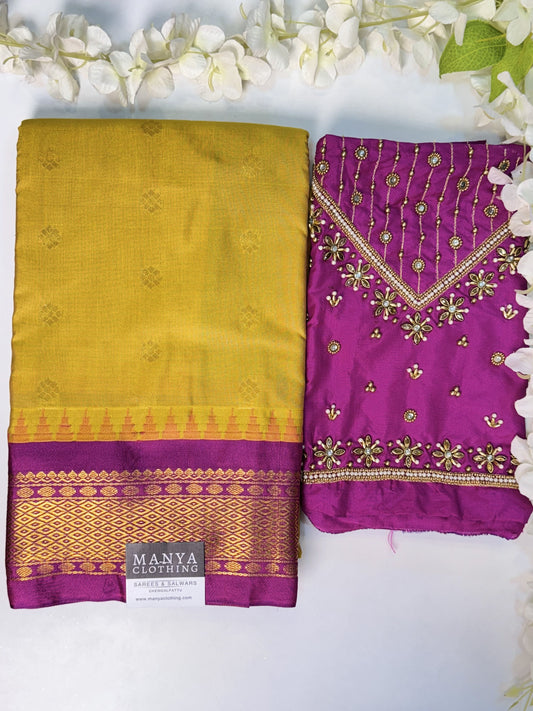 Light Green Semi Silk Saree with Hand Work blouse combo