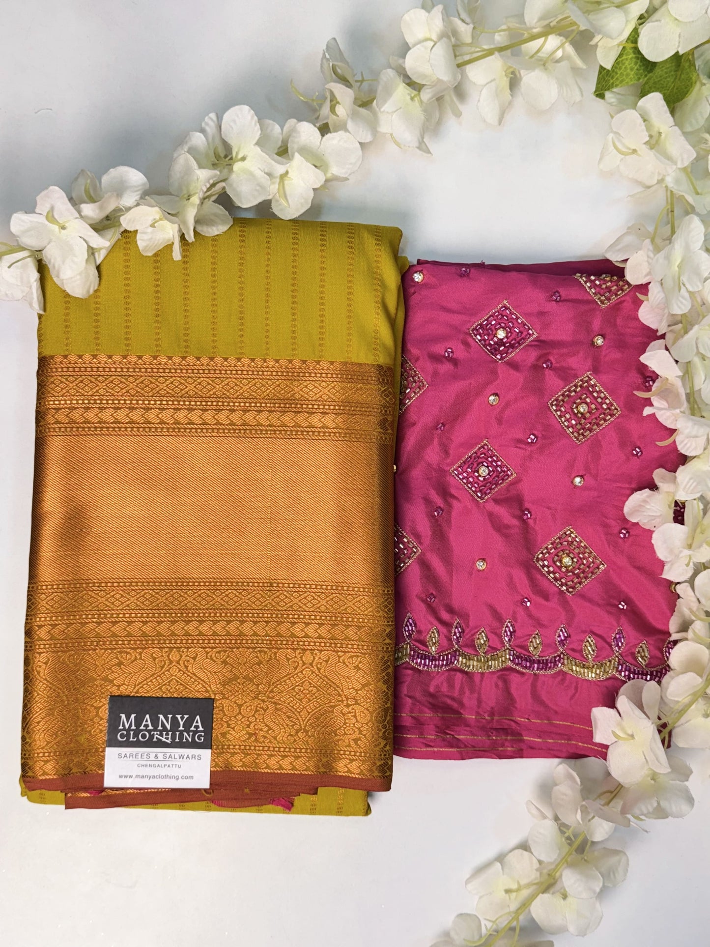 Light Mehendi Green Semi Silk Saree with Hand Work blouse combo