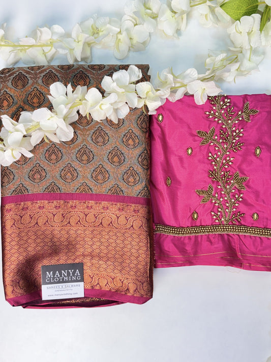 Grey Semi Silk Saree with Hand Work blouse combo