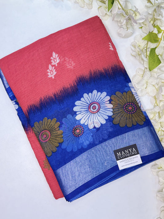 Salmon Red-Blue Linen Cotton Saree
