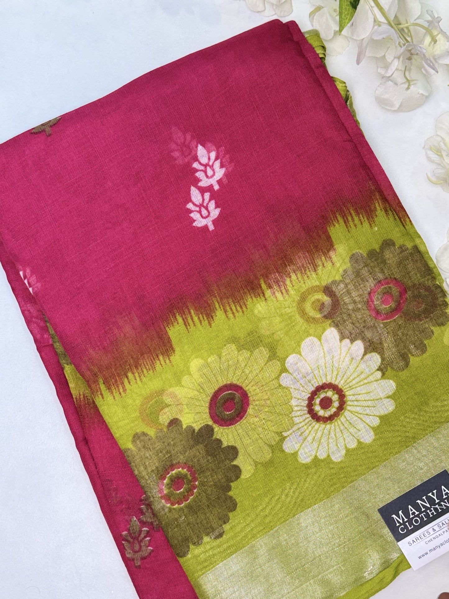 Pink-Light Green Linen Cotton Saree