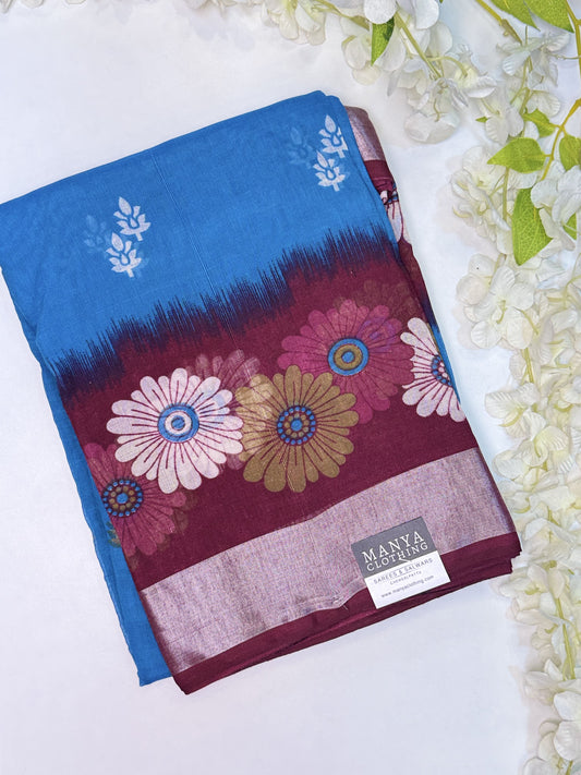 Blue-Magenta Linen Cotton Saree
