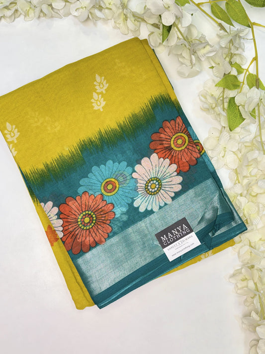 Light Green-Cyan Linen Cotton Saree