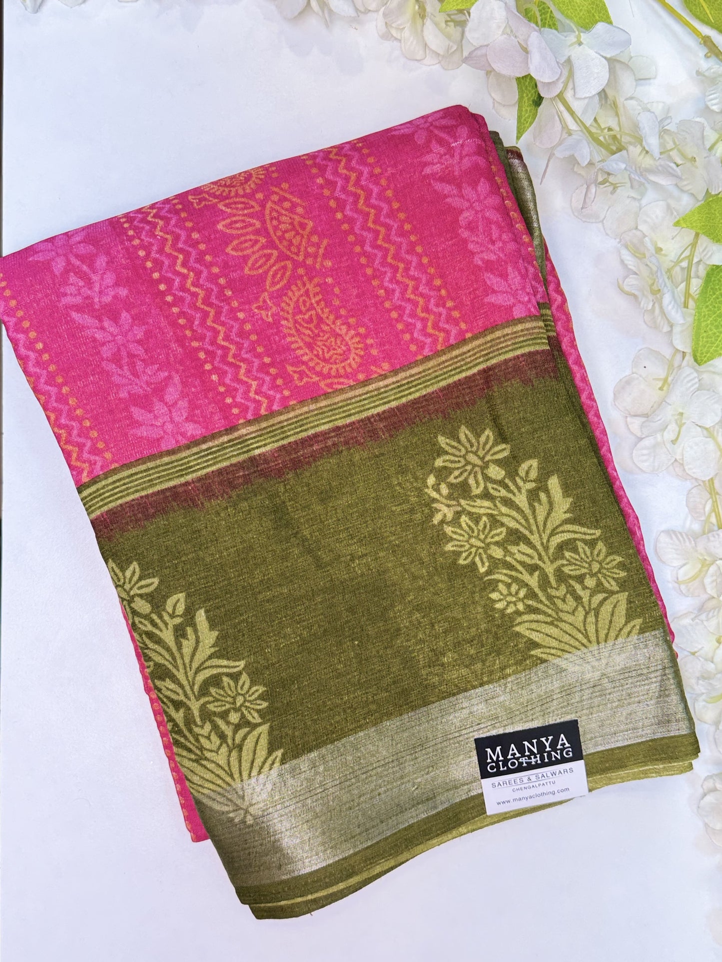 Pink-Green Linen Cotton Saree