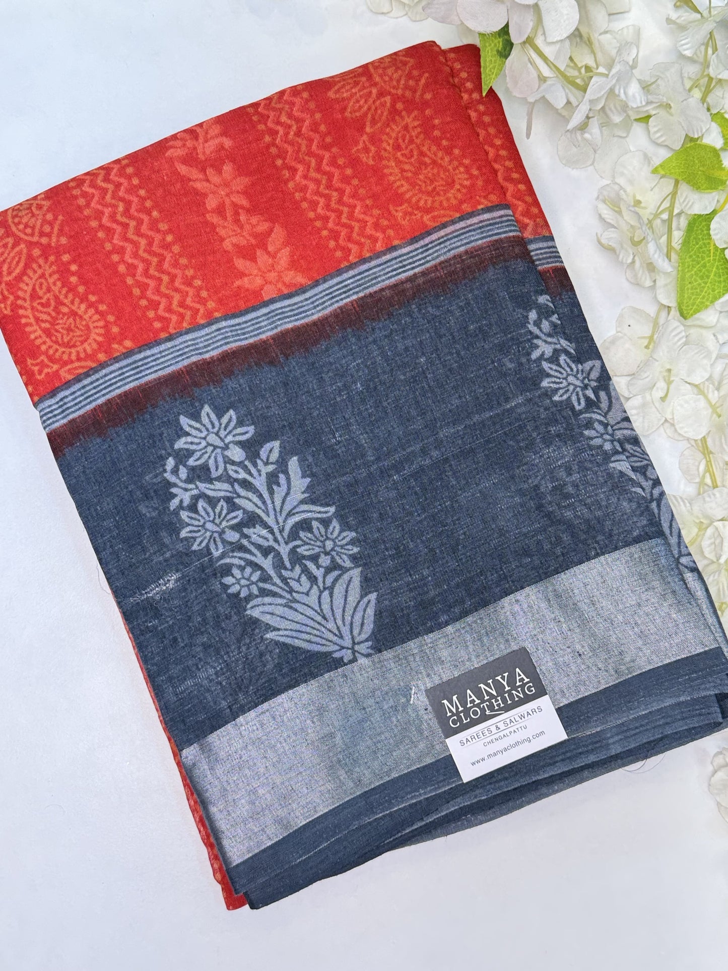 Red-Grey Linen Cotton Saree