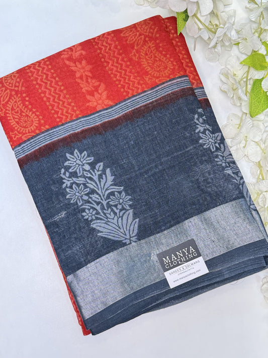 Red-Grey Linen Cotton Saree