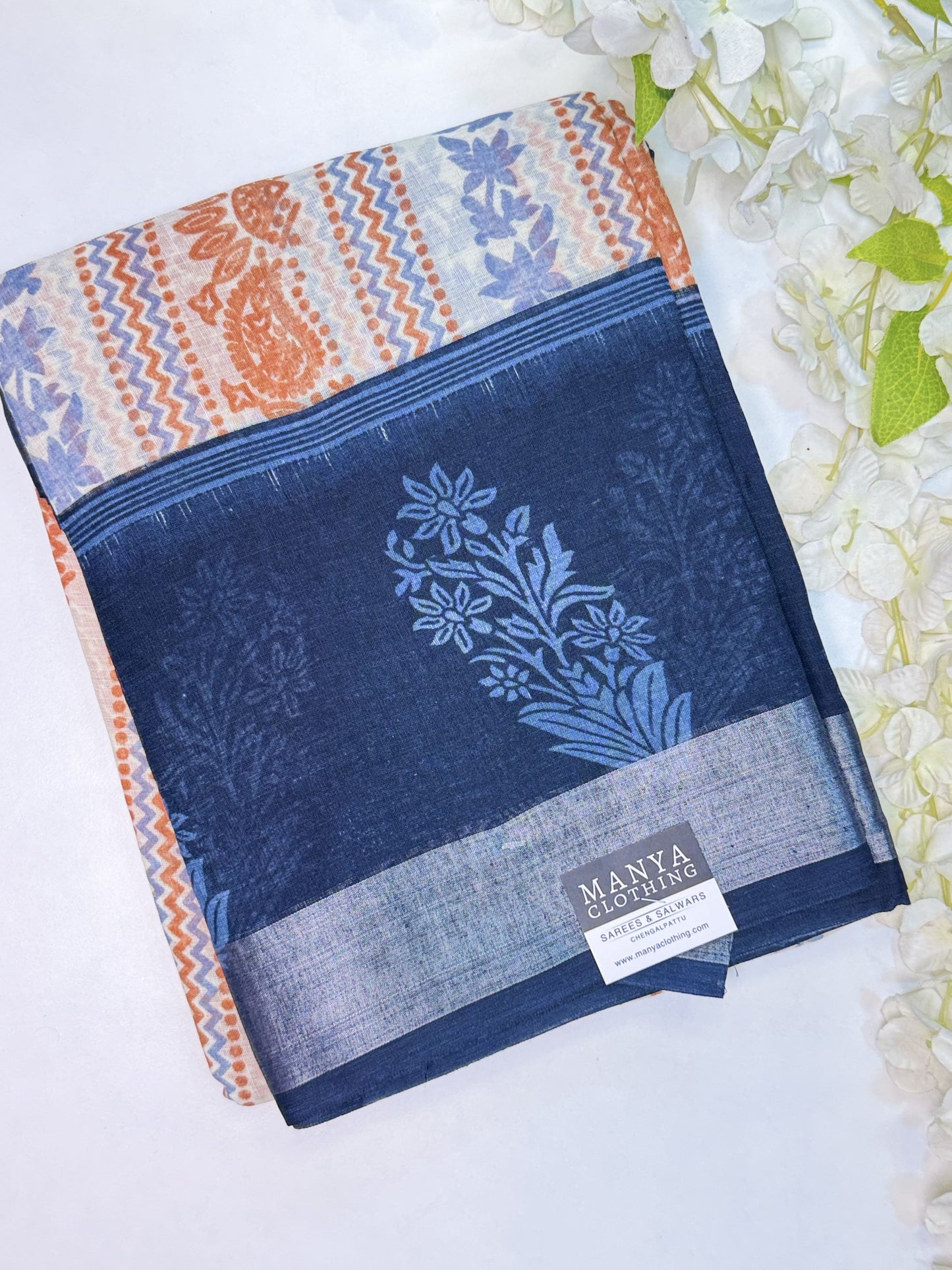 White-Blue Linen Cotton Saree