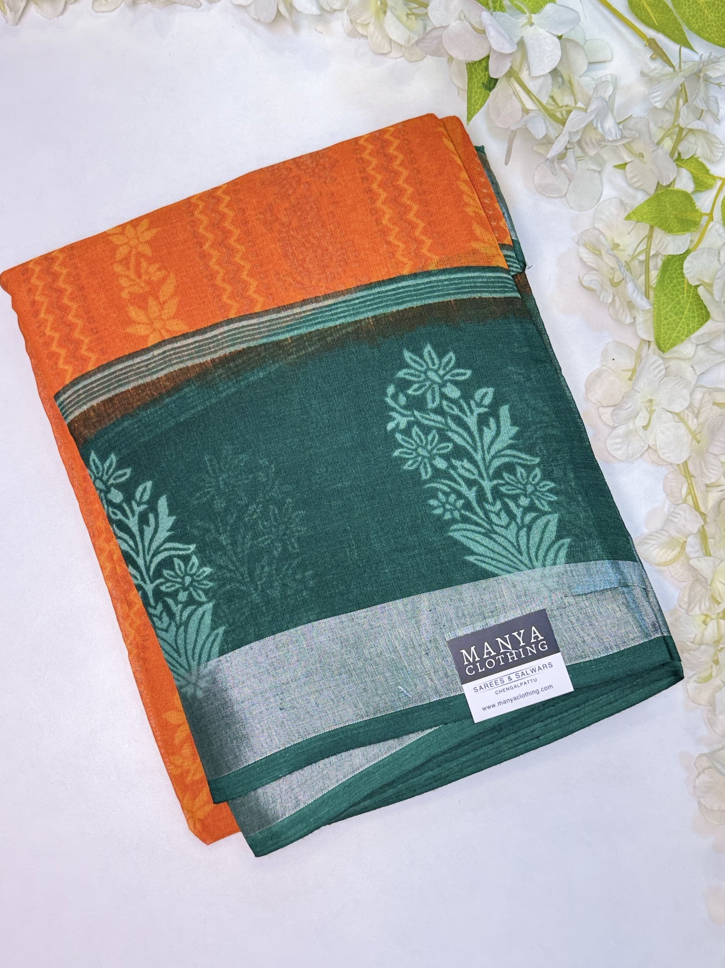 Orange-Green Linen Cotton Saree