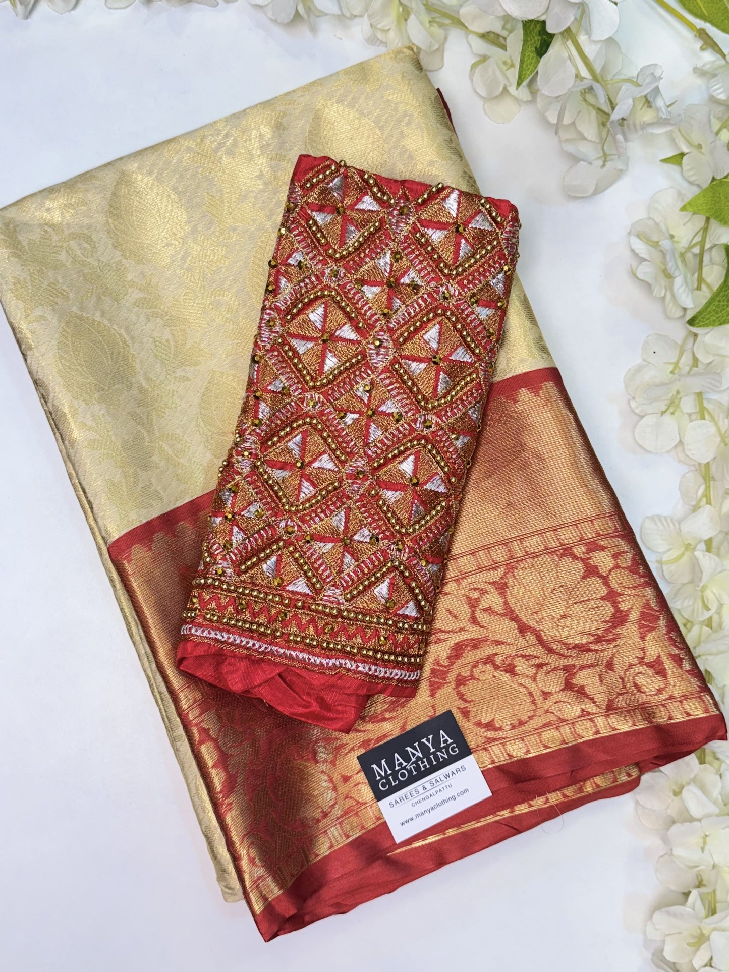 Light Gold-Red Kanchi Semi Silk Saree with Work Blouse Combo